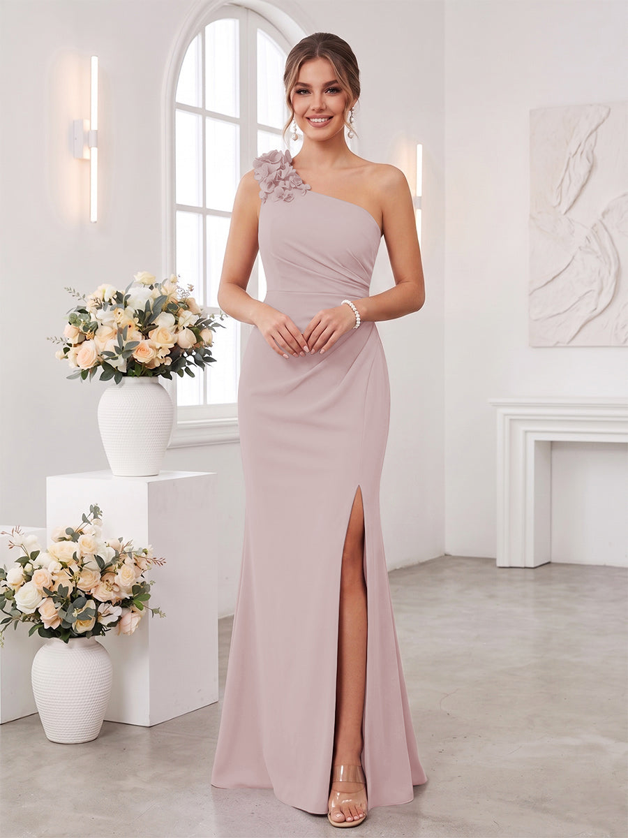 Sheath/Column One-Shoulder Sleeveless Floor-Length Bridesmaid Dresses with 3D Floral &amp; Split Side