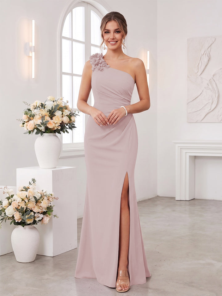 Sheath/Column One-Shoulder Sleeveless Floor-Length Bridesmaid Dresses with 3D Floral &amp; Split Side