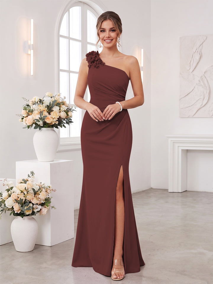 Sheath/Column One-Shoulder Sleeveless Floor-Length Bridesmaid Dresses with 3D Floral &amp; Split Side