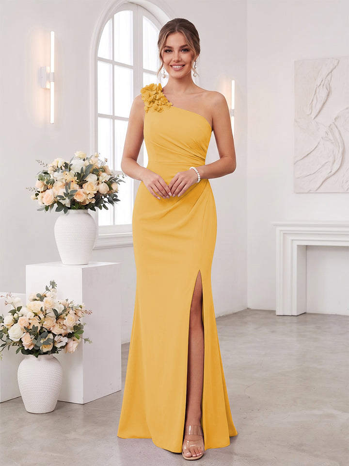 Sheath/Column One-Shoulder Sleeveless Floor-Length Bridesmaid Dresses with 3D Floral &amp; Split Side