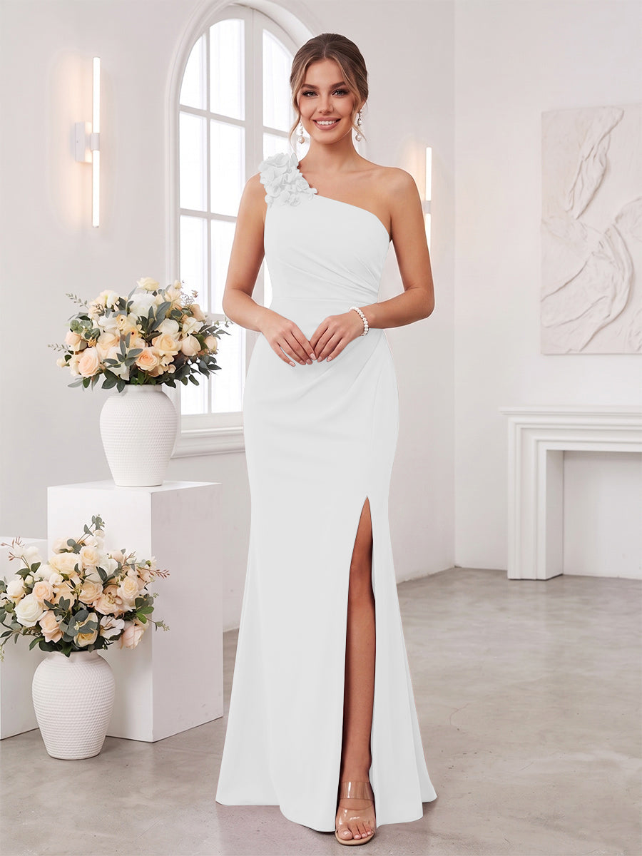 Sheath/Column One-Shoulder Sleeveless Floor-Length Bridesmaid Dresses with 3D Floral &amp; Split Side
