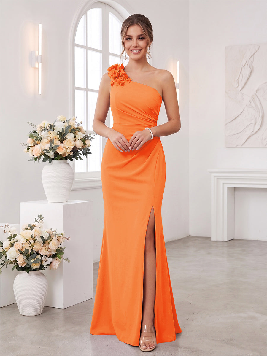 Sheath/Column One-Shoulder Sleeveless Floor-Length Bridesmaid Dresses with 3D Floral &amp; Split Side