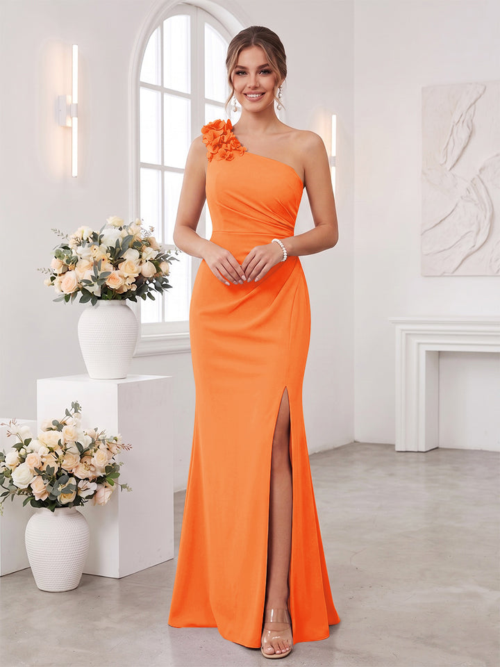 Sheath/Column One-Shoulder Sleeveless Floor-Length Bridesmaid Dresses with 3D Floral &amp; Split Side