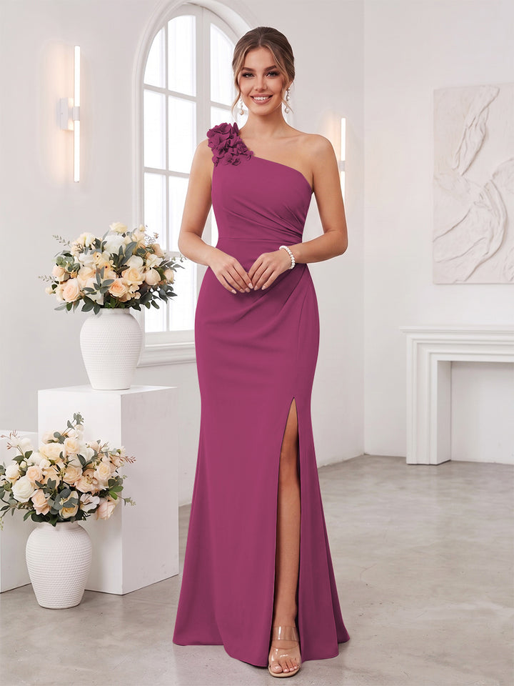 Sheath/Column One-Shoulder Sleeveless Floor-Length Bridesmaid Dresses with 3D Floral &amp; Split Side