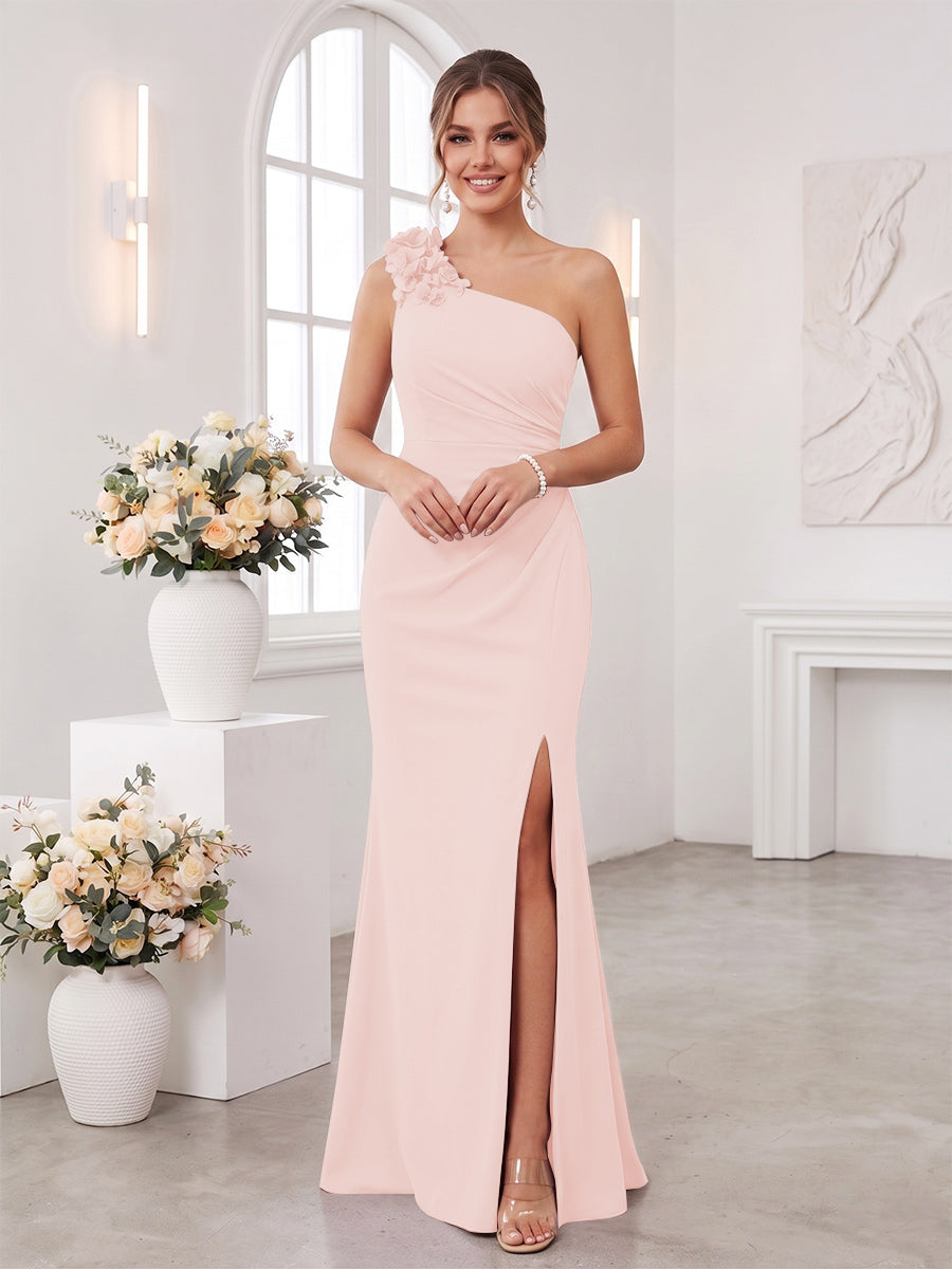 Sheath/Column One-Shoulder Sleeveless Floor-Length Bridesmaid Dresses with 3D Floral &amp; Split Side