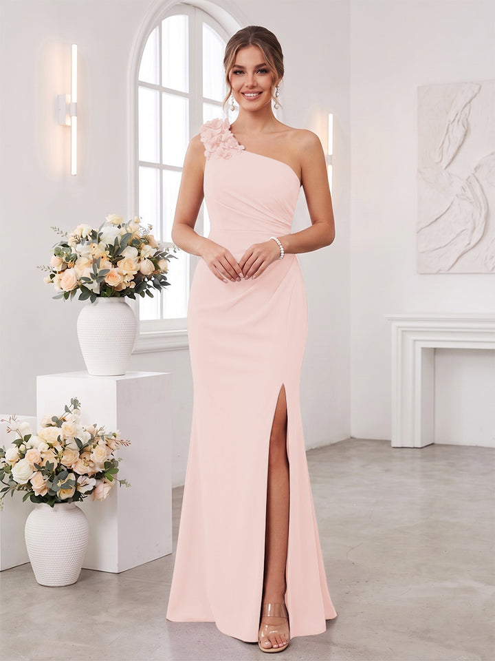 Sheath/Column One-Shoulder Sleeveless Floor-Length Bridesmaid Dresses with 3D Floral &amp; Split Side