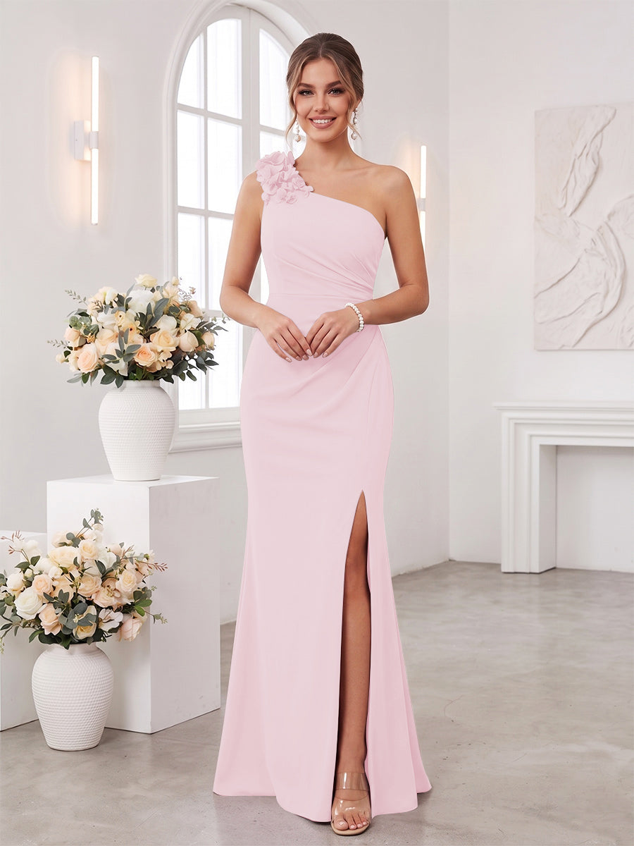 Sheath/Column One-Shoulder Sleeveless Floor-Length Bridesmaid Dresses with 3D Floral &amp; Split Side