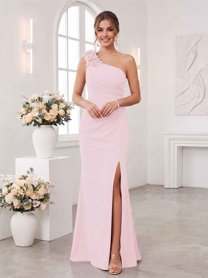 Sheath/Column One-Shoulder Sleeveless Floor-Length Bridesmaid Dresses with 3D Floral &amp; Split Side