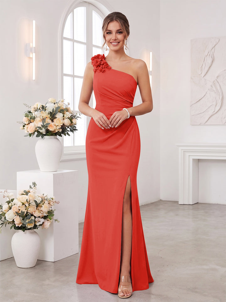 Sheath/Column One-Shoulder Sleeveless Floor-Length Bridesmaid Dresses with 3D Floral &amp; Split Side