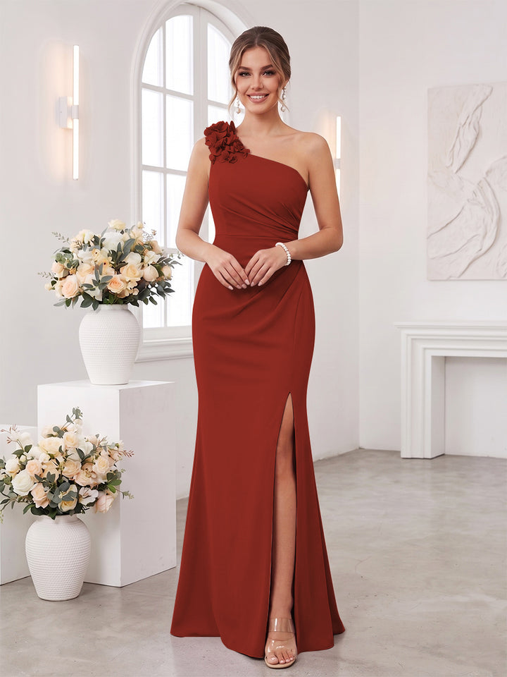 Sheath/Column One-Shoulder Sleeveless Floor-Length Bridesmaid Dresses with 3D Floral &amp; Split Side