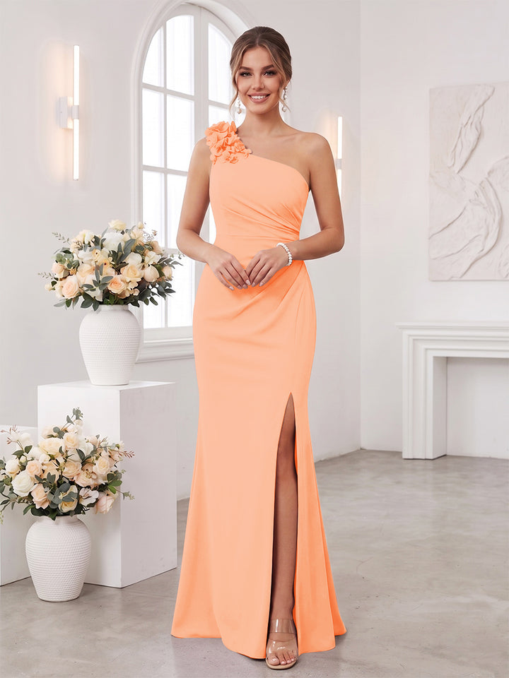 Sheath/Column One-Shoulder Sleeveless Floor-Length Bridesmaid Dresses with 3D Floral &amp; Split Side