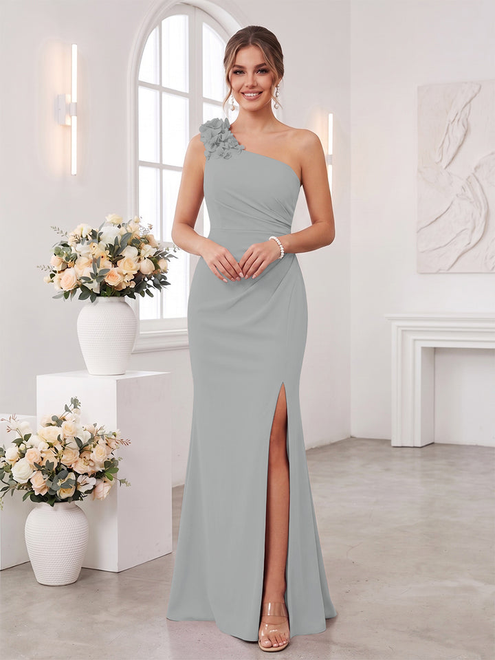 Sheath/Column One-Shoulder Sleeveless Floor-Length Bridesmaid Dresses with 3D Floral &amp; Split Side