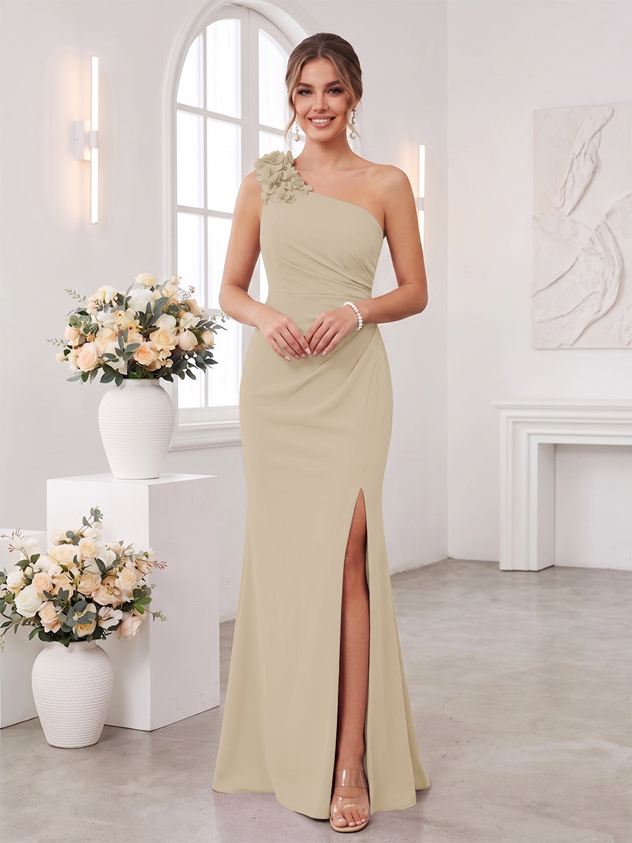 Sheath/Column One-Shoulder Sleeveless Floor-Length Bridesmaid Dresses with 3D Floral &amp; Split Side