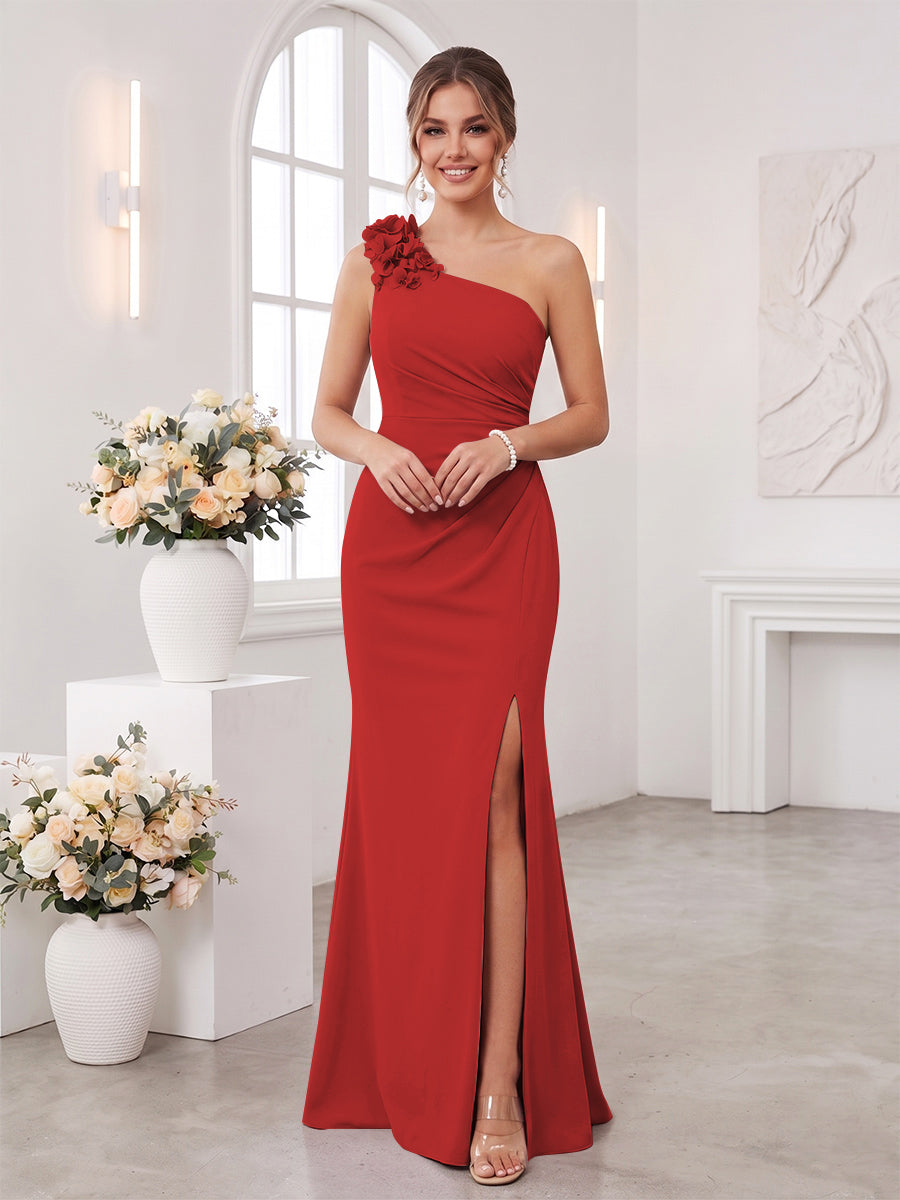 Sheath/Column One-Shoulder Sleeveless Floor-Length Bridesmaid Dresses with 3D Floral &amp; Split Side
