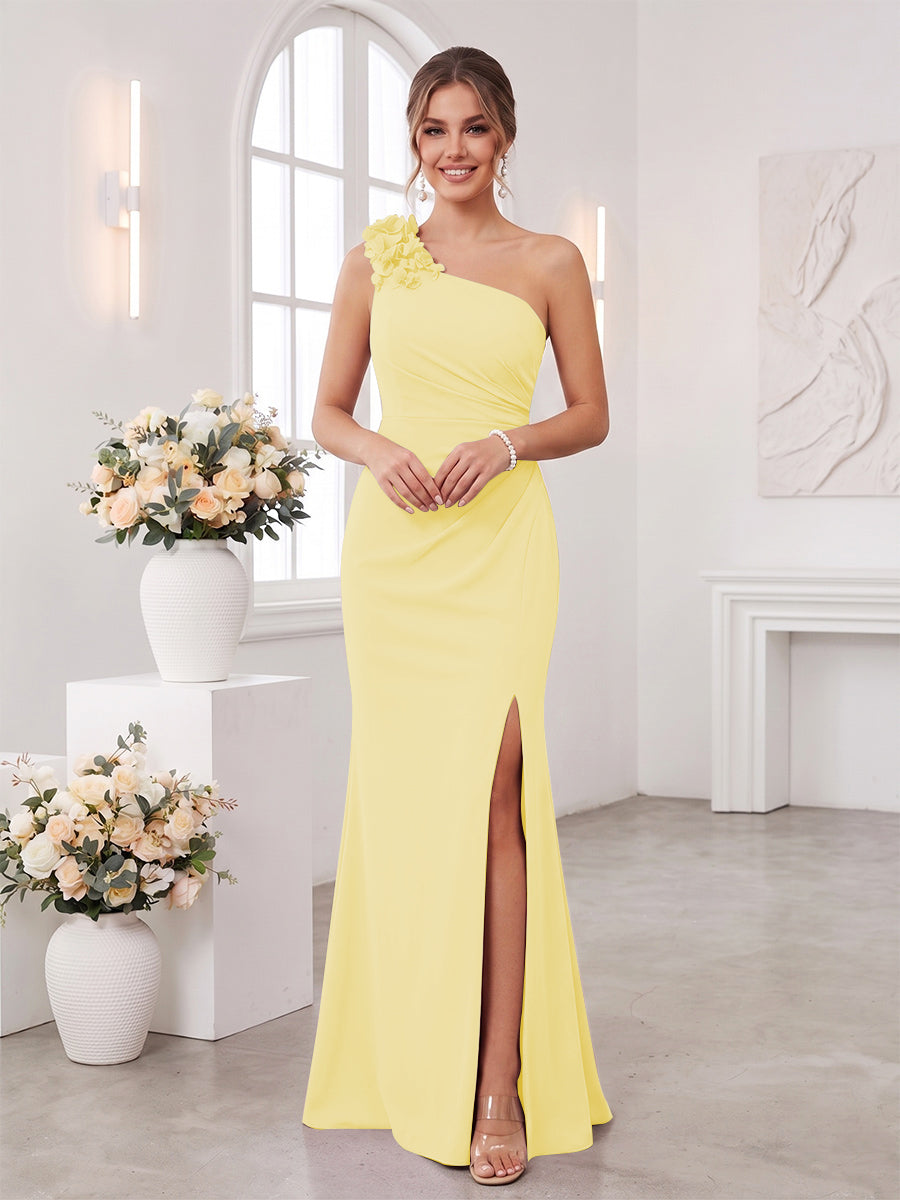 Sheath/Column One-Shoulder Sleeveless Floor-Length Bridesmaid Dresses with 3D Floral &amp; Split Side