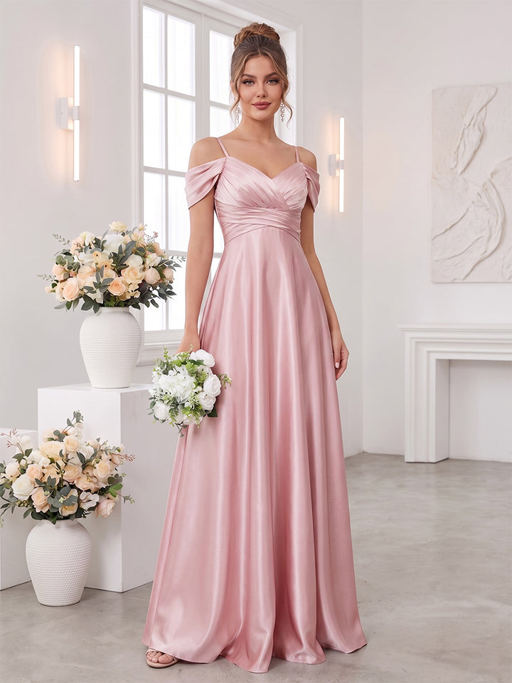 A-Line/Princess Spaghetti Straps Short Sleeves Floor-Length Bridesmaid Dresses with Ruched
