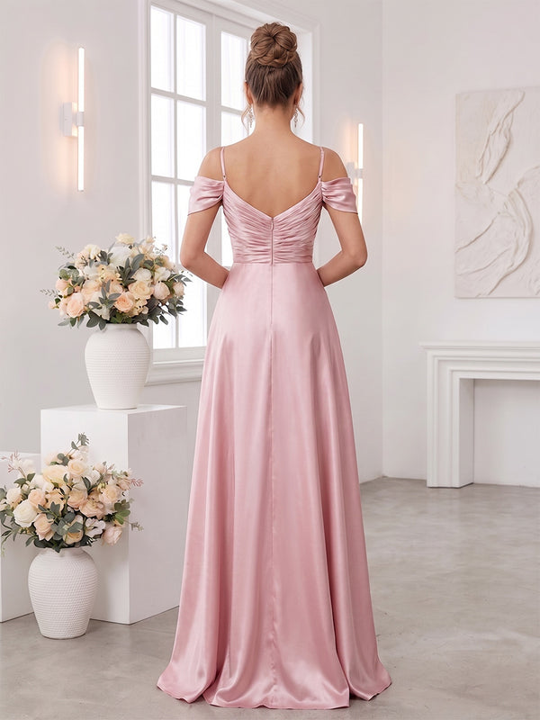 A-Line/Princess Spaghetti Straps Short Sleeves Floor-Length Bridesmaid Dresses with Ruched