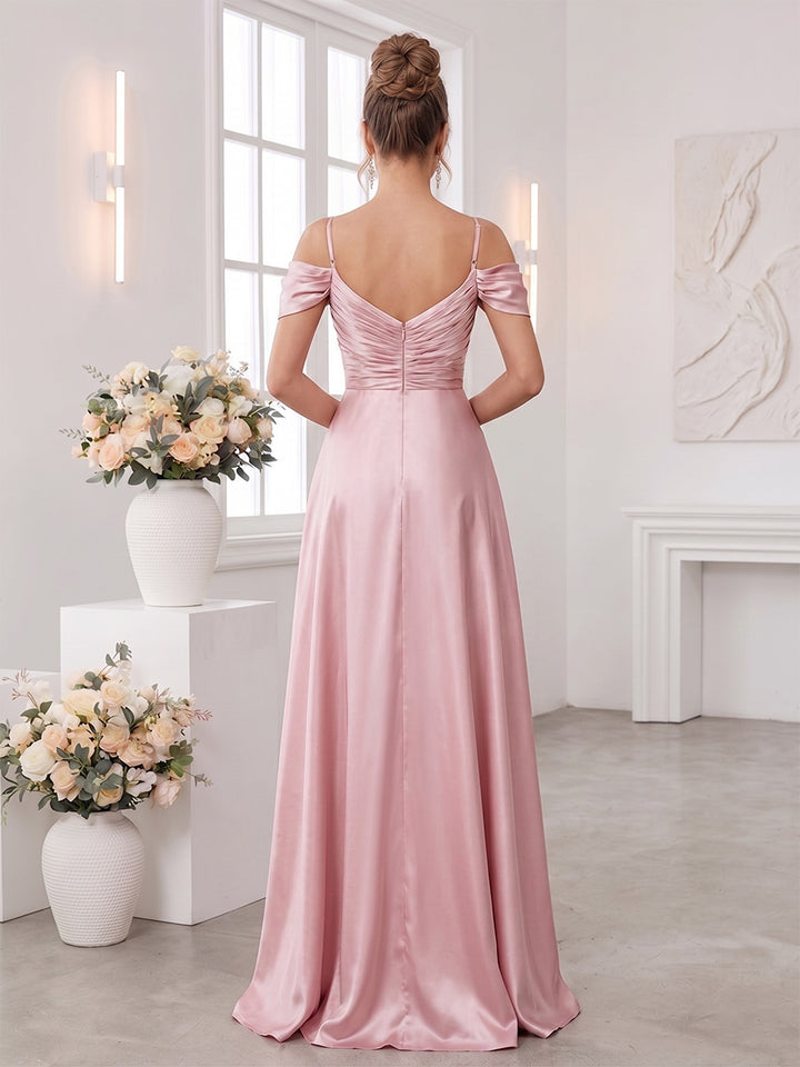 A-Line/Princess Spaghetti Straps Short Sleeves Floor-Length Bridesmaid Dresses with Ruched
