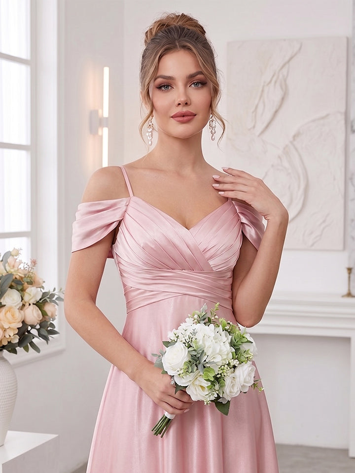A-Line/Princess Spaghetti Straps Short Sleeves Floor-Length Bridesmaid Dresses with Ruched