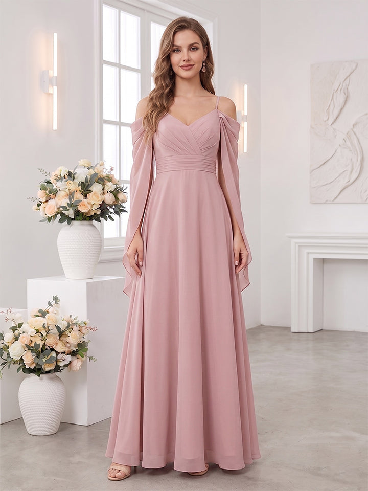 A-Line/Princess Spaghetti Straps Cap Sleeves Floor-Length Bridesmaid Dresses with Ruched