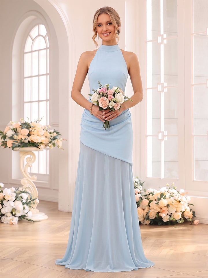 A-Line/Princess High neck Sleeveless Floor-Length Bridesmaid Dresses with Pleats