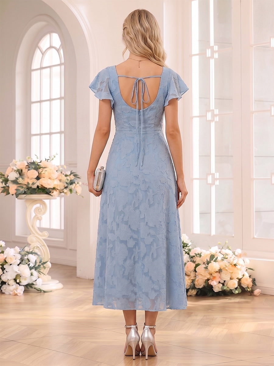 A-Line/Princess Square Neck Short Sleeves Tea-Length Bridesmaid Dresses with Split Side &amp; Ruffles