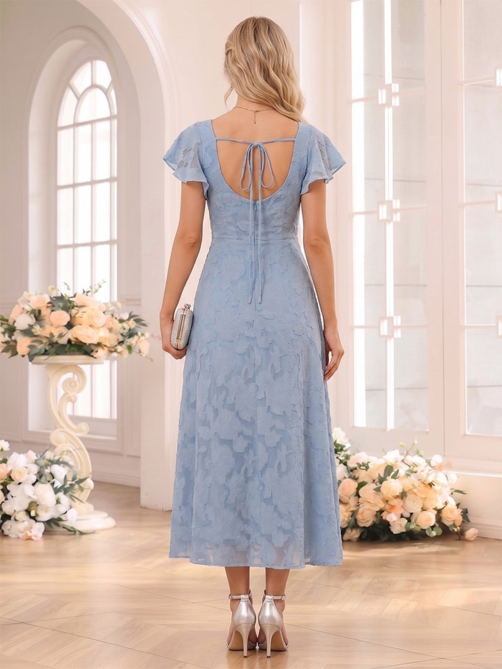 A-Line/Princess Square Neck Short Sleeves Tea-Length Bridesmaid Dresses with Split Side &amp; Ruffles