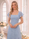 A-Line/Princess Square Neck Short Sleeves Tea-Length Bridesmaid Dresses with Split Side & Ruffles