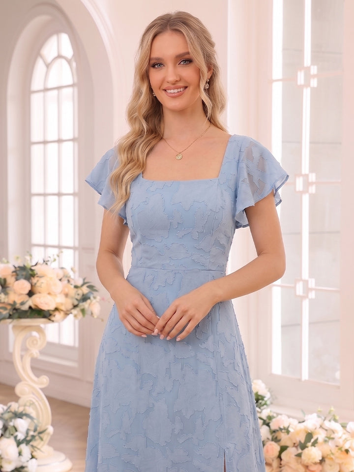 A-Line/Princess Square Neck Short Sleeves Tea-Length Bridesmaid Dresses with Split Side &amp; Ruffles