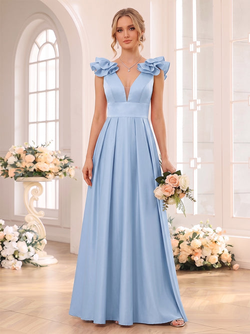 A-Line/Princess V-neck Sleeveless Floor-Length Bridesmaid Dresses with Ruched & Ruffles