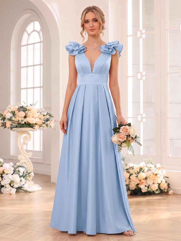 A-Line/Princess V-neck Sleeveless Floor-Length Bridesmaid Dresses with Ruched &amp; Ruffles