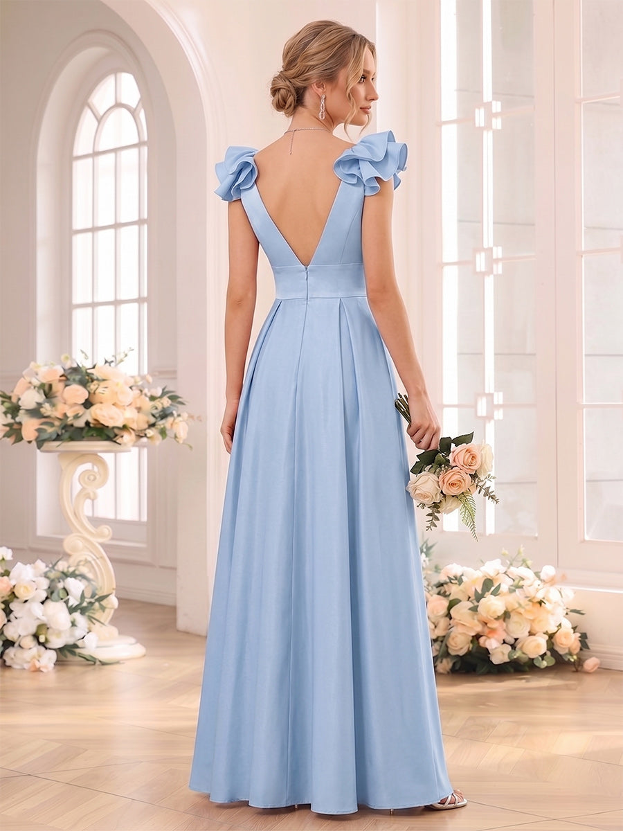 A-Line/Princess V-neck Sleeveless Floor-Length Bridesmaid Dresses with Ruched &amp; Ruffles