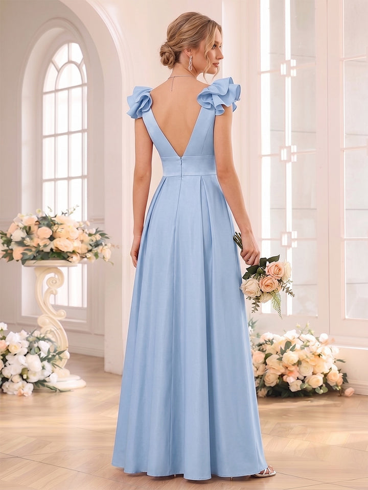 A-Line/Princess V-neck Sleeveless Floor-Length Bridesmaid Dresses with Ruched &amp; Ruffles