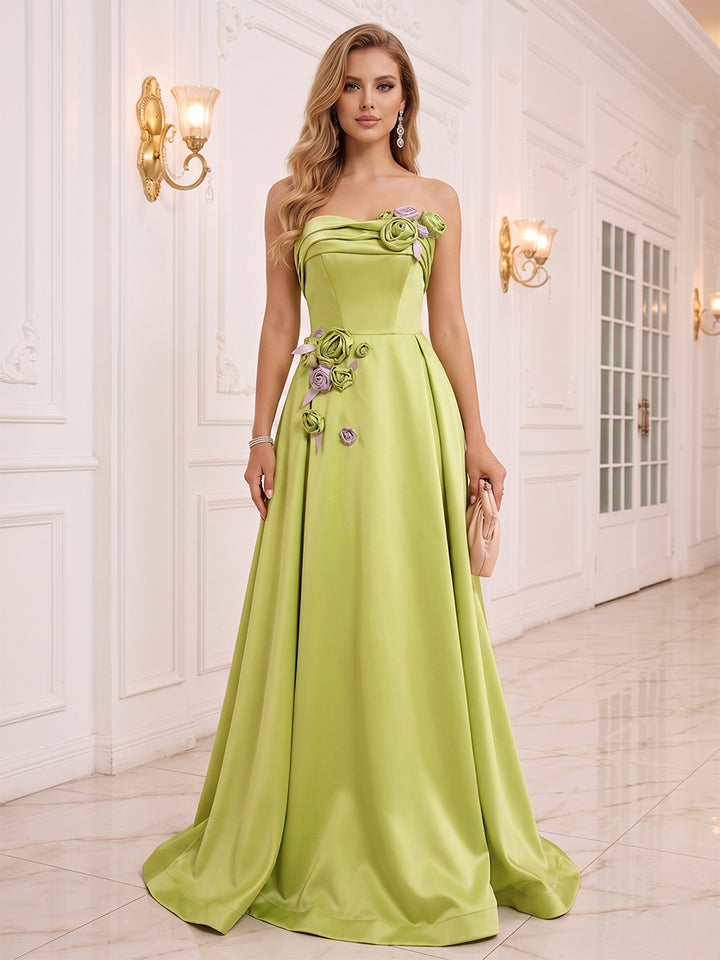 A-Line/Princess Strapless Sleeveless Floor-Length Evening Dresses with Ruched &amp; 3D Floral
