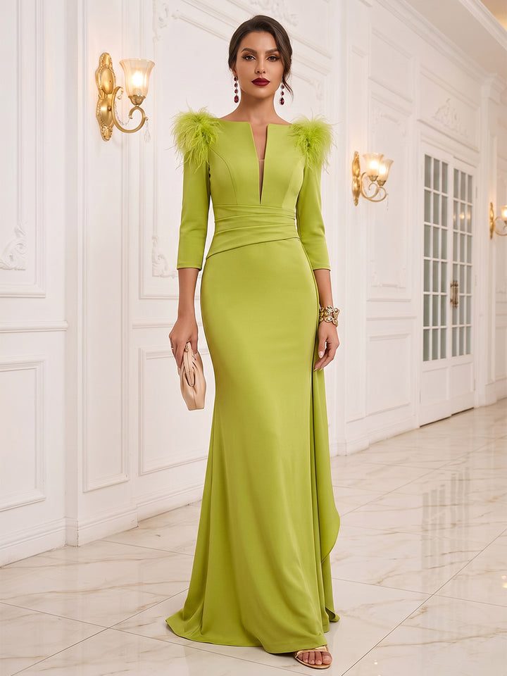 Trumpet/Mermaid 3/4 Sleeves V Neck Floor-Length Evening Dresses with Ruched &amp; Ruffles
