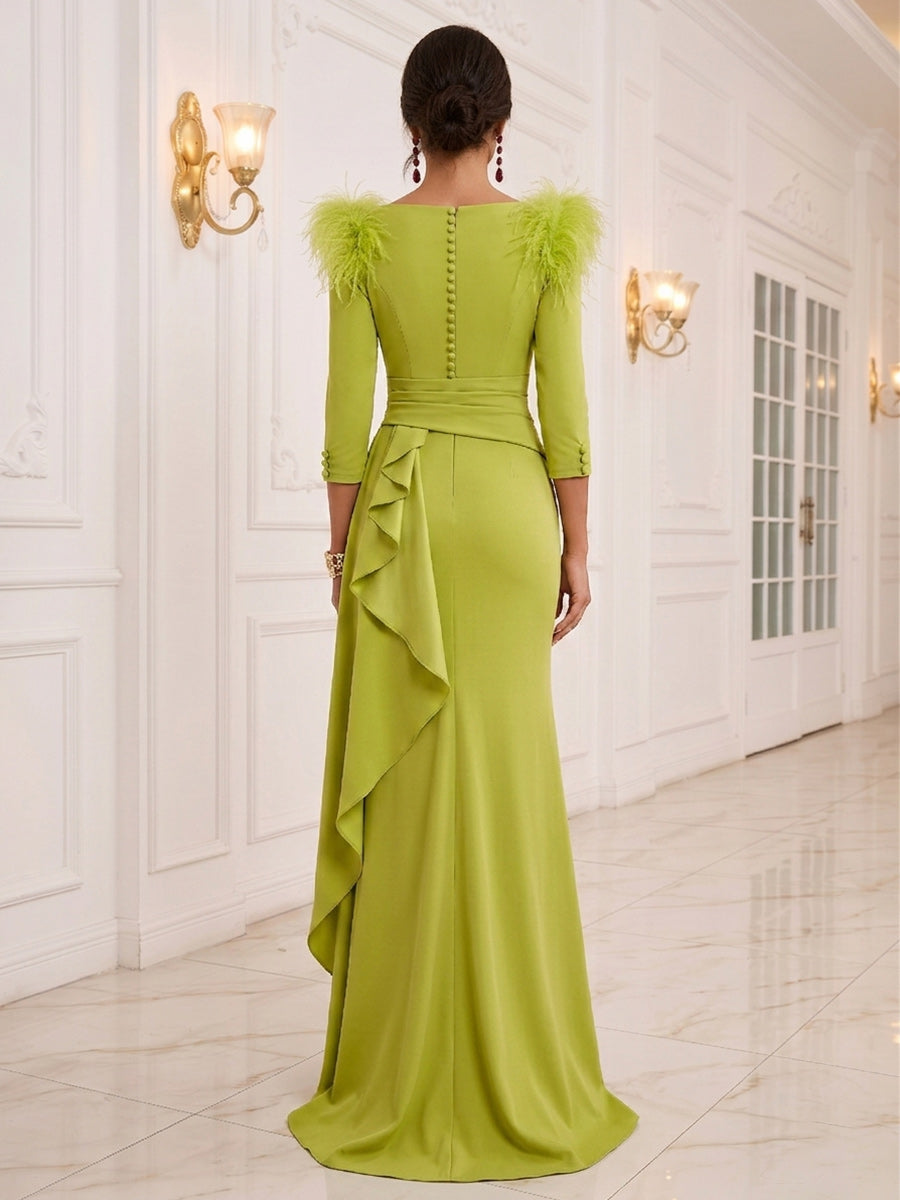 Trumpet/Mermaid 3/4 Sleeves V Neck Floor-Length Evening Dresses with Ruched &amp; Ruffles