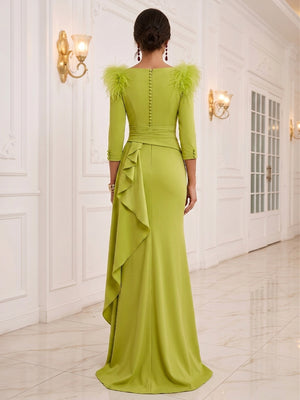 Trumpet/Mermaid 3/4 Sleeves V Neck Floor-Length Evening Dresses with Ruched & Ruffles