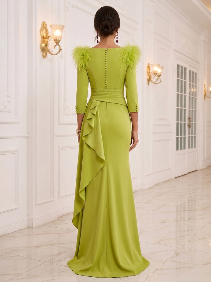 Trumpet/Mermaid 3/4 Sleeves V Neck Floor-Length Evening Dresses with Ruched &amp; Ruffles