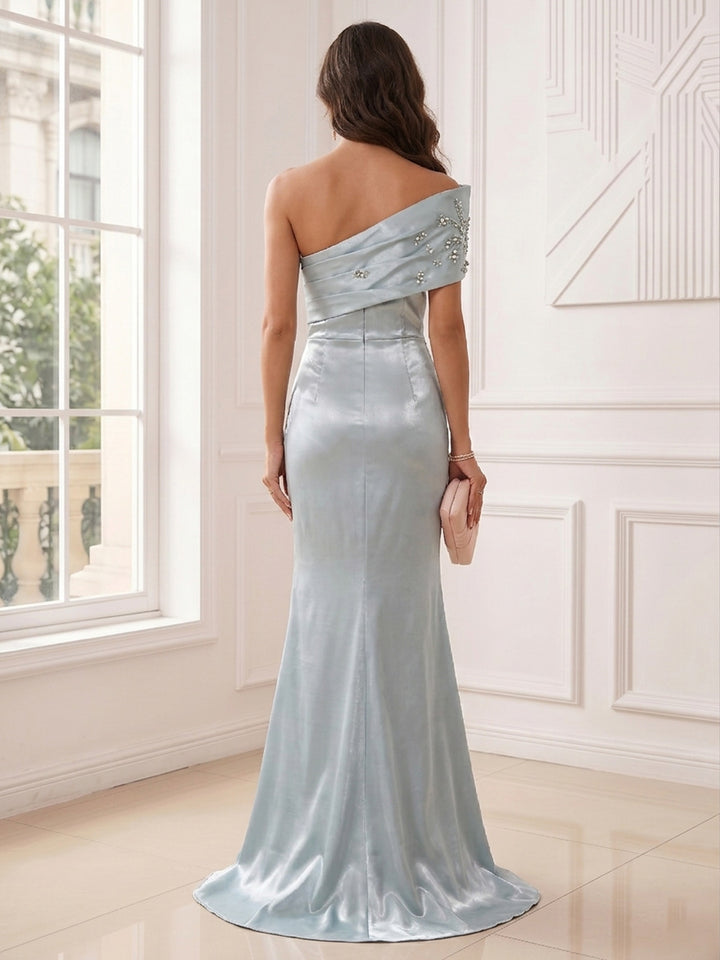 Trumpet/Mermaid One-Shoulder Asymmetric Floor-Length Evening Dresses with Ruched &amp; Beading