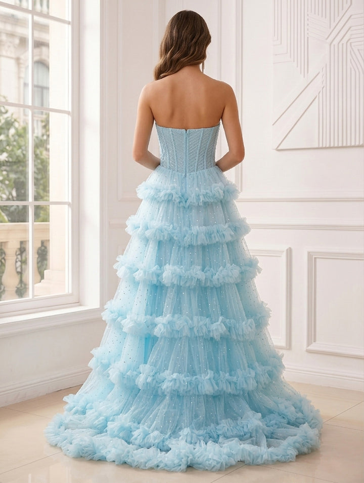 A-Line/Princess Strapless Sleeveless Floor-Length Evening Dresses with Ruffles &amp; Split Side