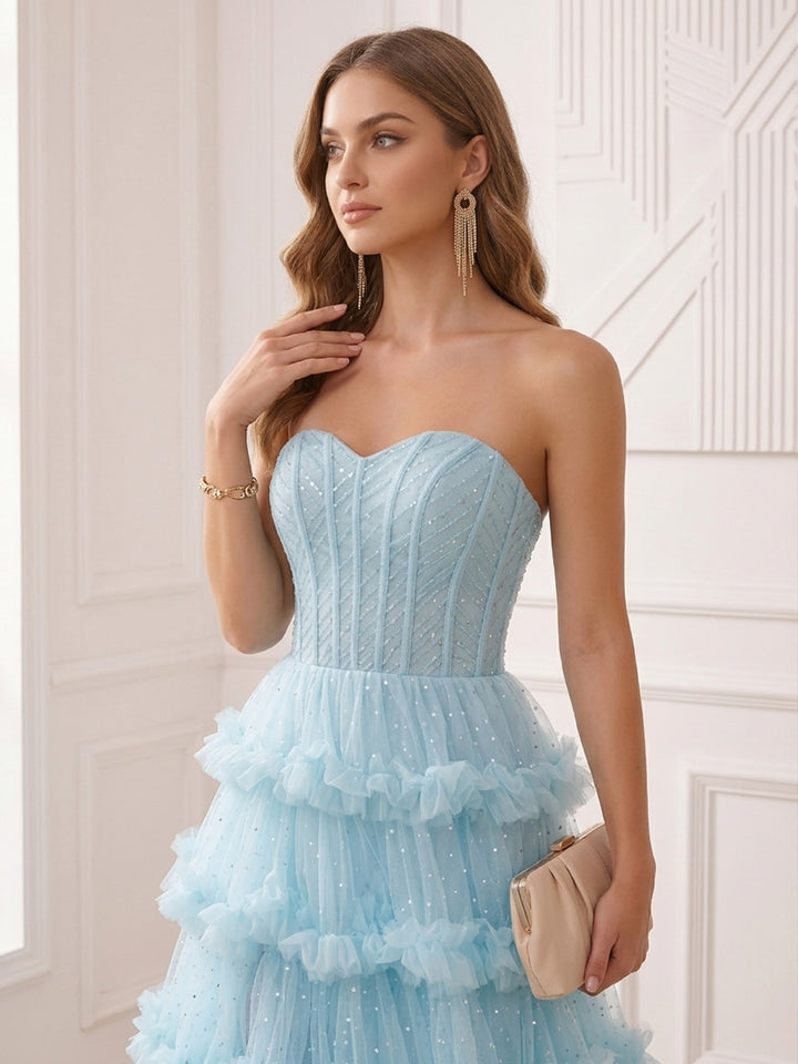 A-Line/Princess Strapless Sleeveless Floor-Length Evening Dresses with Ruffles &amp; Split Side