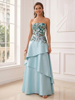 A-Line/Princess Strapless Sleeveless Floor-Length Evening Dresses with Ruffles & Appliques