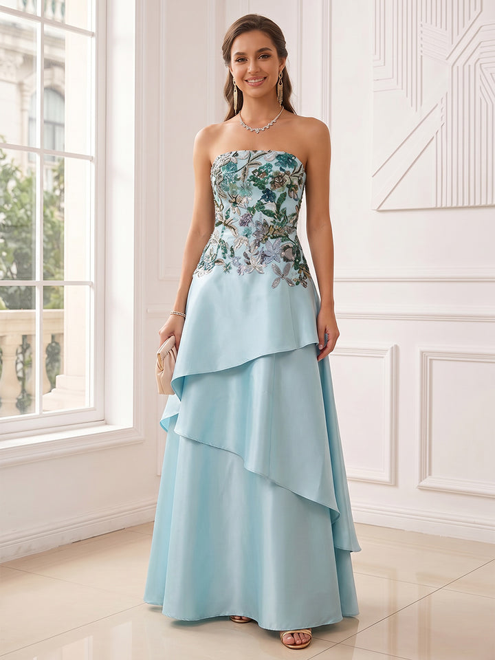 A-Line/Princess Strapless Sleeveless Floor-Length Evening Dresses with Ruffles &amp; Appliques