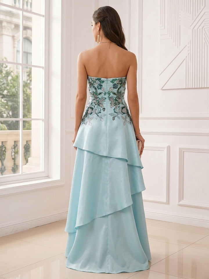 A-Line/Princess Strapless Sleeveless Floor-Length Evening Dresses with Ruffles &amp; Appliques