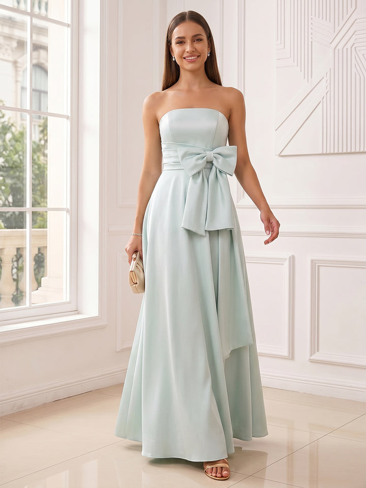 A-Line/Princess Strapless Sleeveless Floor-Length Evening Dresses with Bowknot &amp; Ruched