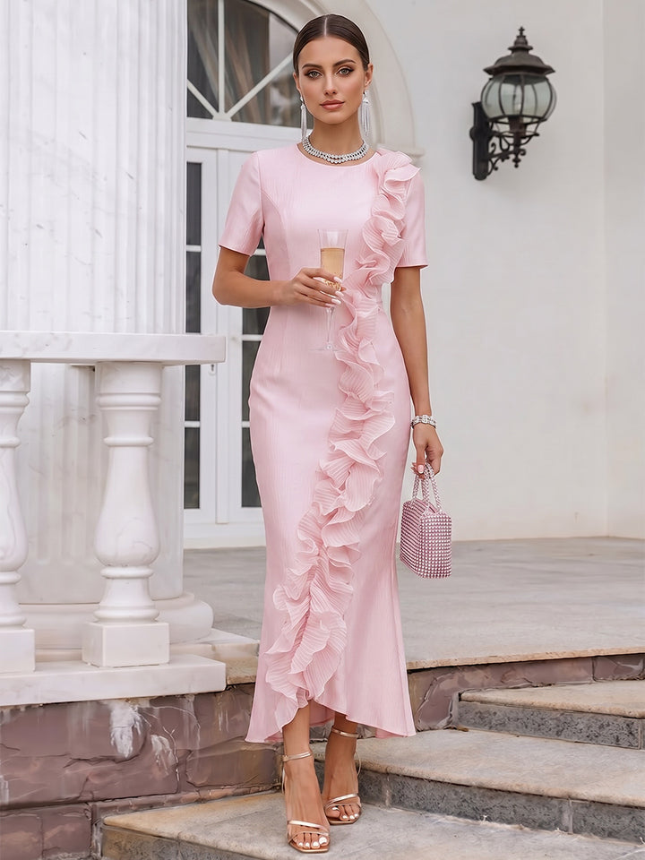 Sheath/Column Scoop Short Sleeves Asymmetrical Cocktail Dresses With Ruffles