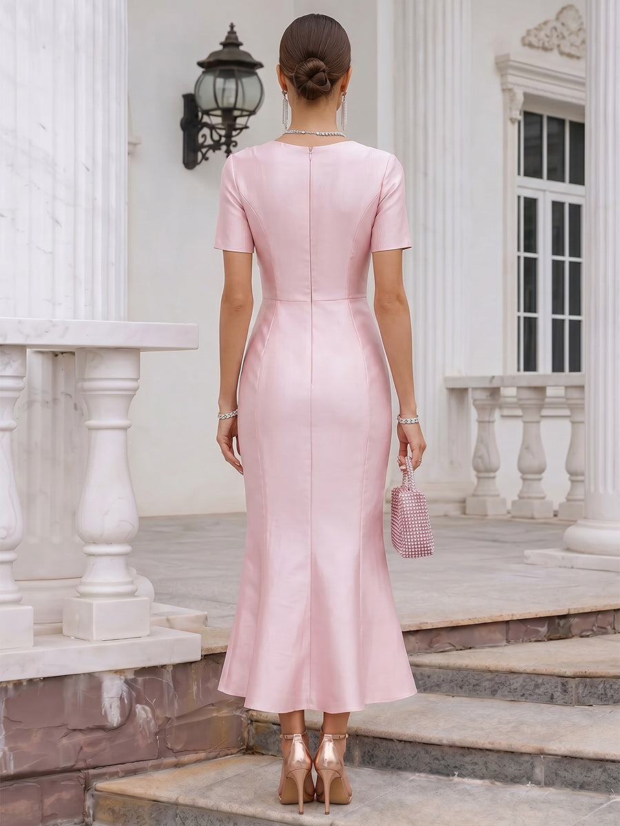 Sheath/Column Scoop Short Sleeves Asymmetrical Cocktail Dresses With Ruffles