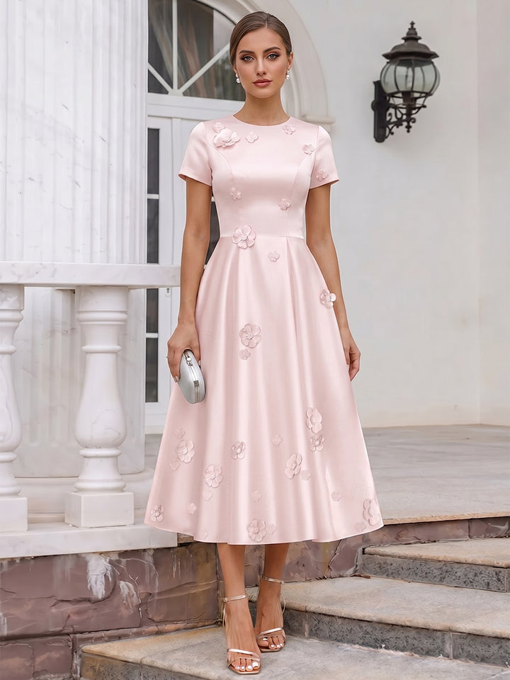 A-Line/Princess Scoop Short Sleeves Tea-Length Cocktail Dresses With 3D Floral &amp; Pleats