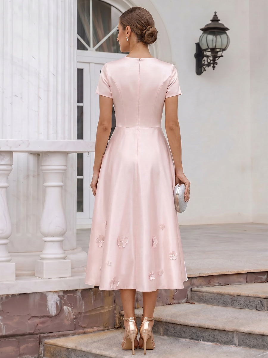 A-Line/Princess Scoop Short Sleeves Tea-Length Cocktail Dresses With 3D Floral &amp; Pleats