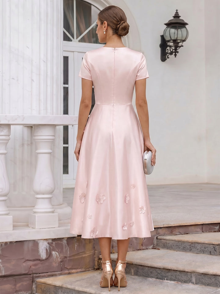 A-Line/Princess Scoop Short Sleeves Tea-Length Cocktail Dresses With 3D Floral &amp; Pleats